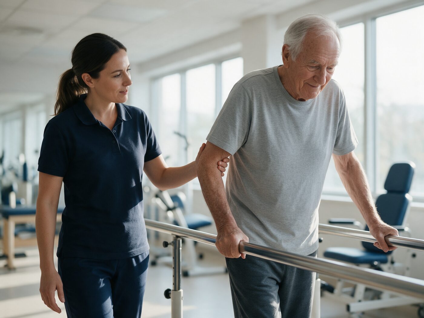 A physical therapist steadies an older man as he walks between parallel bars in a rehabilitation gym