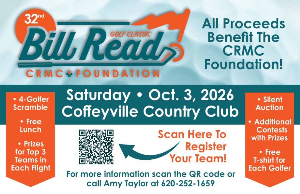 Promotional card for the 32nd Bill Read Golf Classic, a CRMC Foundation event: Saturday, Oct. 3, 2026, at Coffeyville Country Club. A 4-golfer scramble with free lunch, prizes for the top 3 teams in each flight, a silent auction, additional contests with prizes and a free T-shirt for each golfer. Scan the QR code to register your team, or call Amy Taylor at 620-252-1659. All proceeds benefit the CRMC Foundation.